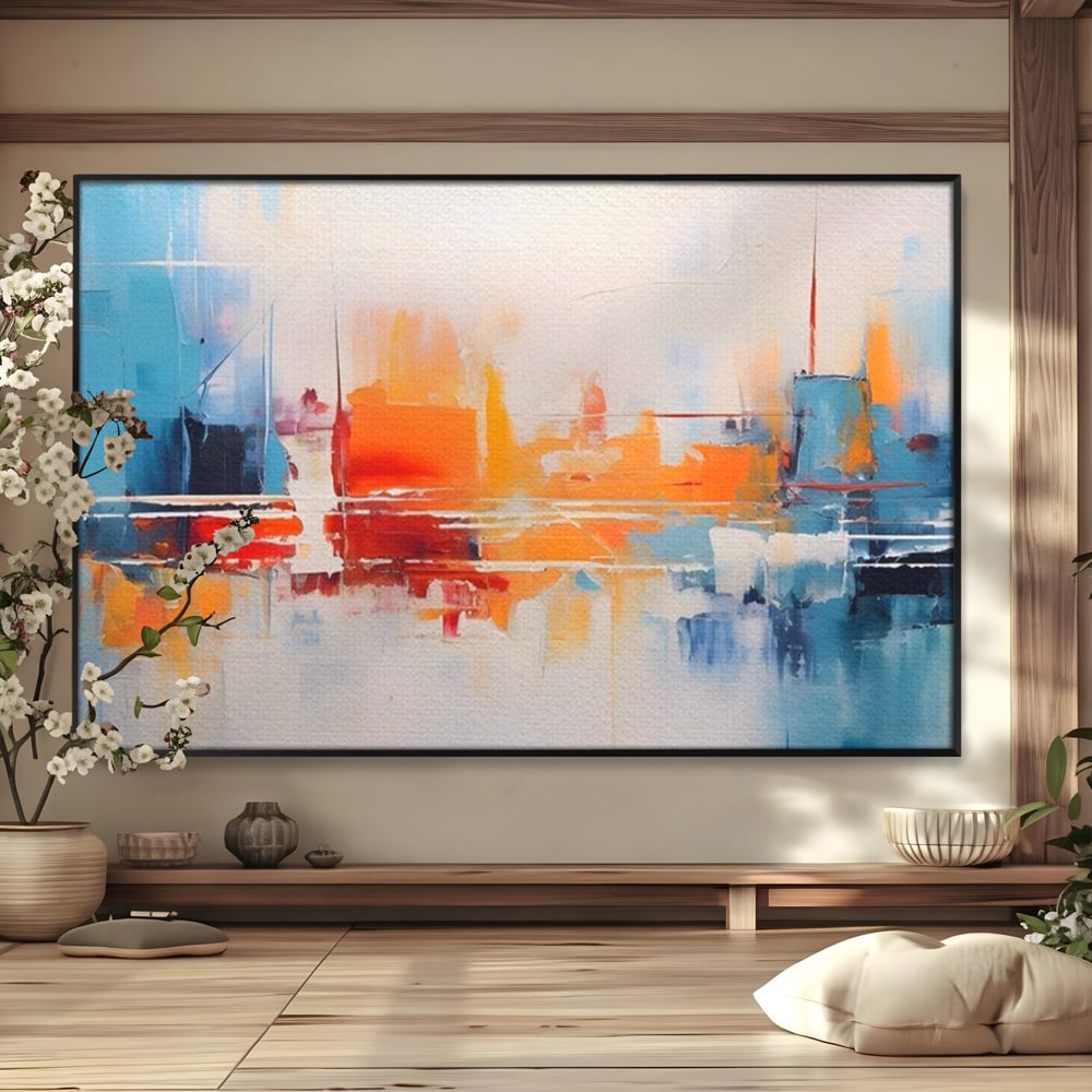 Tablou canvas cu pictura abstracta cu peisaj urban, in rama de aluminiu negru